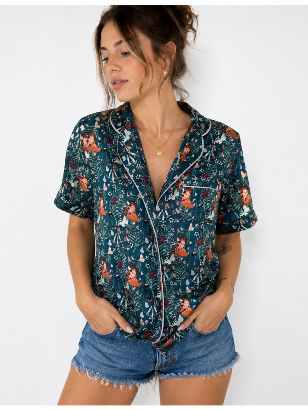 Their Nibs Woodland Owl Mushroom Satin Pajama Lounge Top Size S